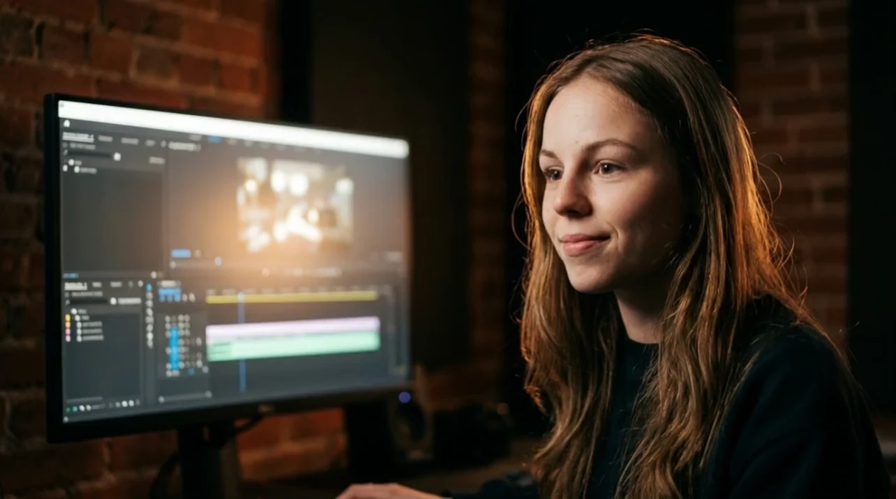 Алина, специалист по AI-видео Digital-Pro Tech, монтирует маркетинговый ролик с AI-аватаром