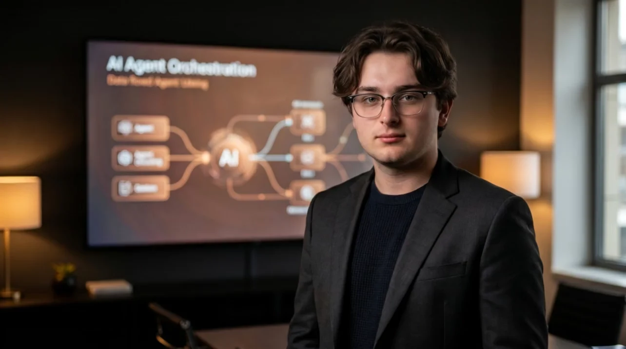 Тихон Цветков, AI-инженер Digital-Pro Tech, у экрана со схемой оркестрации AI-агентов