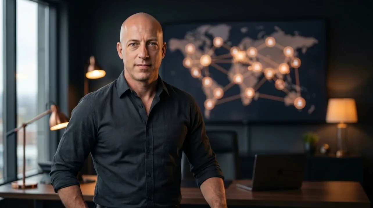 Сергей Цветков, CEO и основатель Digital-Pro Tech, у большого экрана с картой из 14 связанных AI-модулей