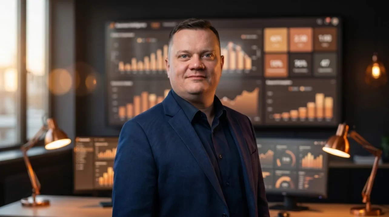Алексей Пешехонов, ML-инженер и архитектор автоматизаций Digital-Pro Tech, у стены BI-дашбордов с графиками