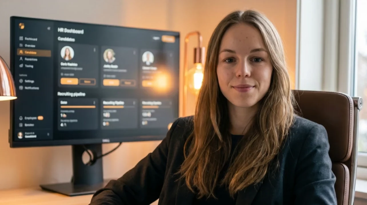 Алина Ананевич, специалист по AI-контенту Digital-Pro Tech, у экрана с профилями кандидатов в AI-HR