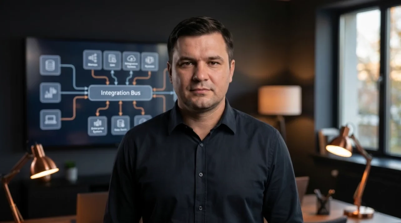 Владимир Шушкин, 1С-интегратор и AI-разработчик Digital-Pro Tech, у экрана со схемой интеграционной шины между системами
