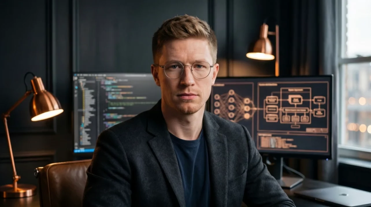 Антон Ефинов, AI-архитектор Digital-Pro Tech, у мониторов с кодом и архитектурной схемой системы