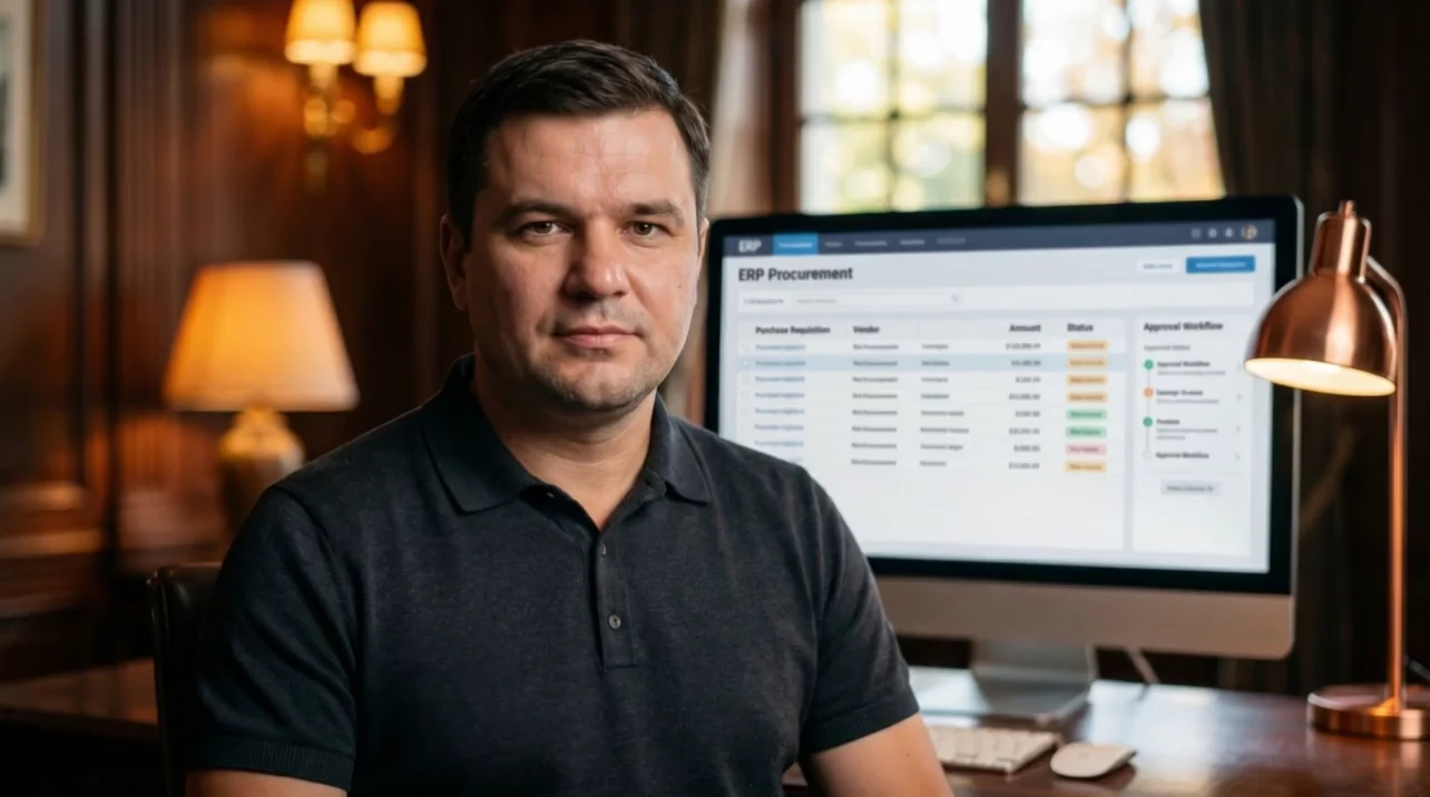 Владимир Шушкин, 1С-интегратор и AI-разработчик Digital-Pro Tech, у экрана с заявками на закупку в ERP-интерфейсе