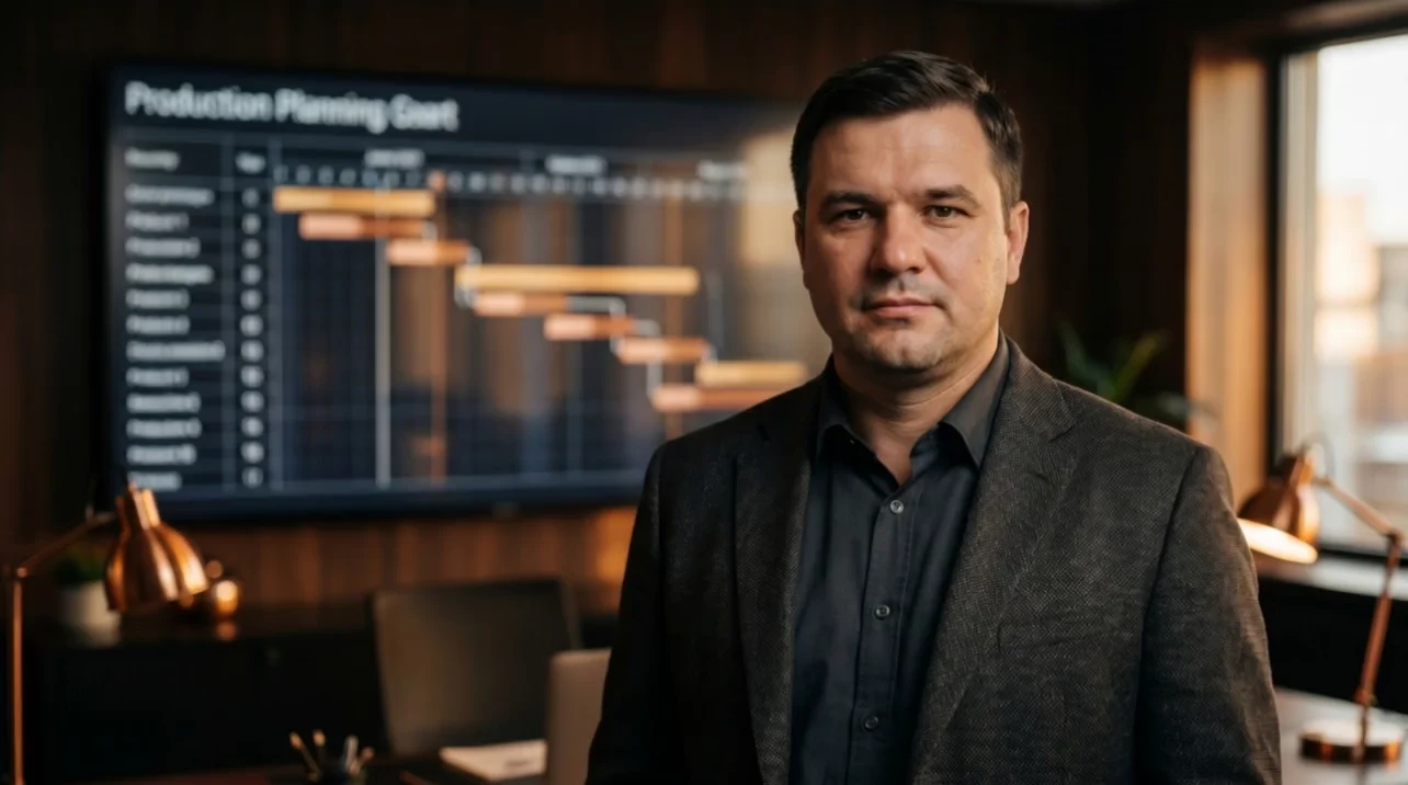 Владимир Шушкин, 1С-интегратор и AI-разработчик Digital-Pro Tech, у большого экрана с производственным план-графиком
