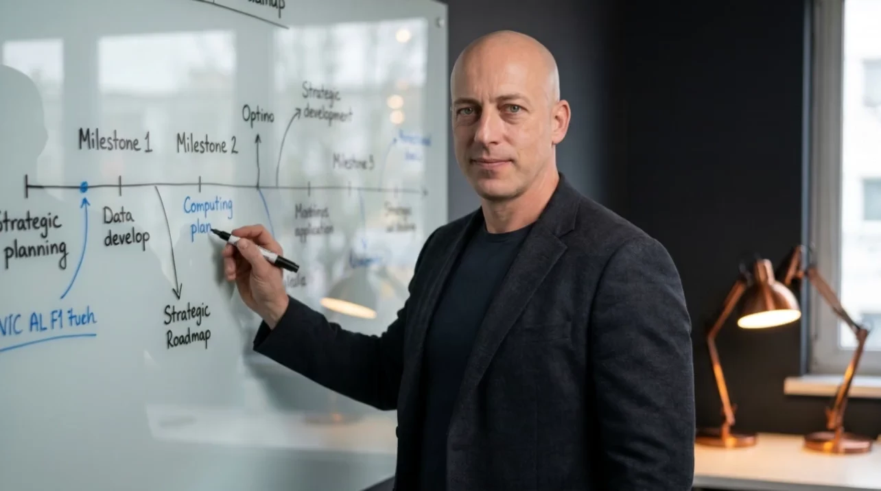 Сергей Цветков, CEO и основатель Digital-Pro Tech, у стеклянной доски с дорожной картой AI-стратегии