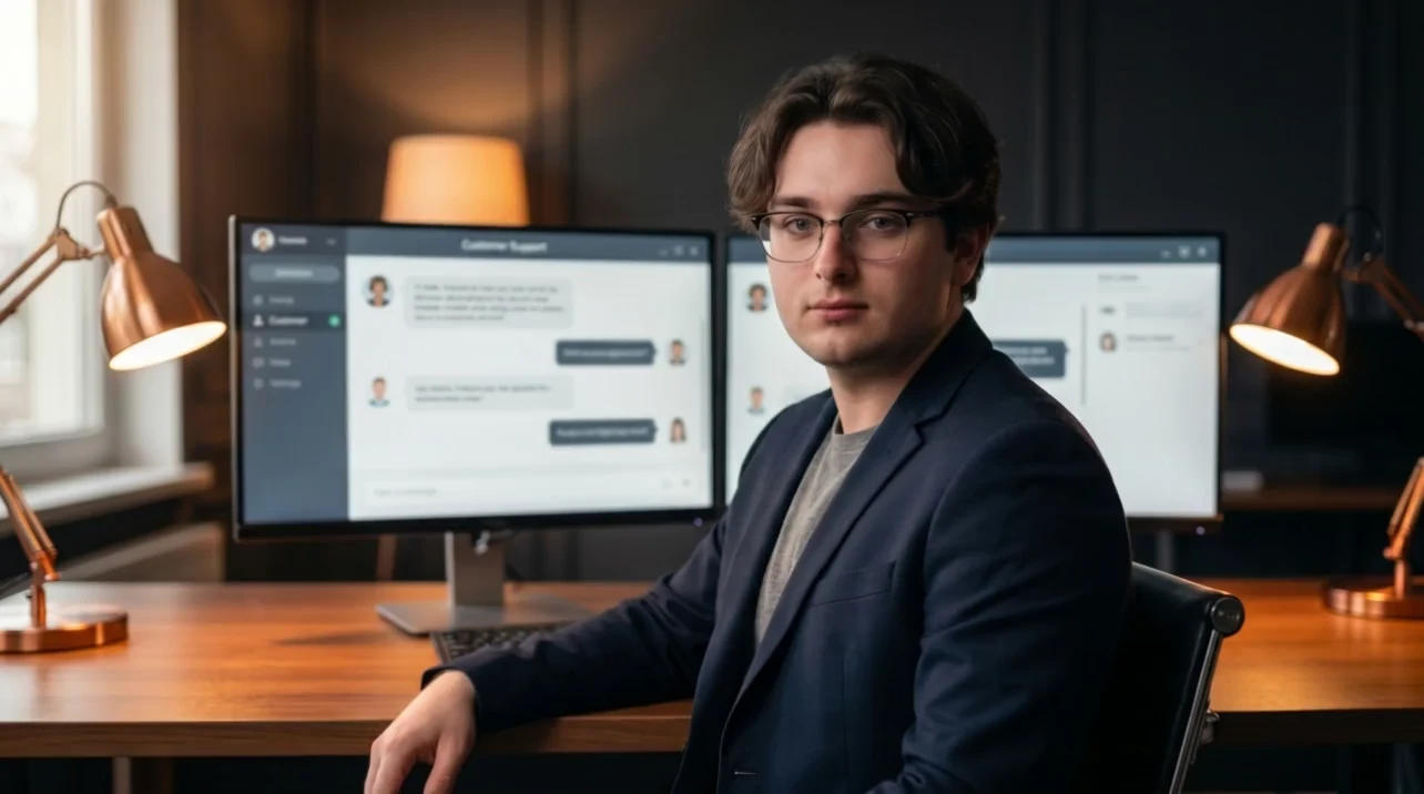 Тихон Цветков, AI-инженер Digital-Pro Tech, следит за диалогами AI-поддержки клиентов на двух мониторах
