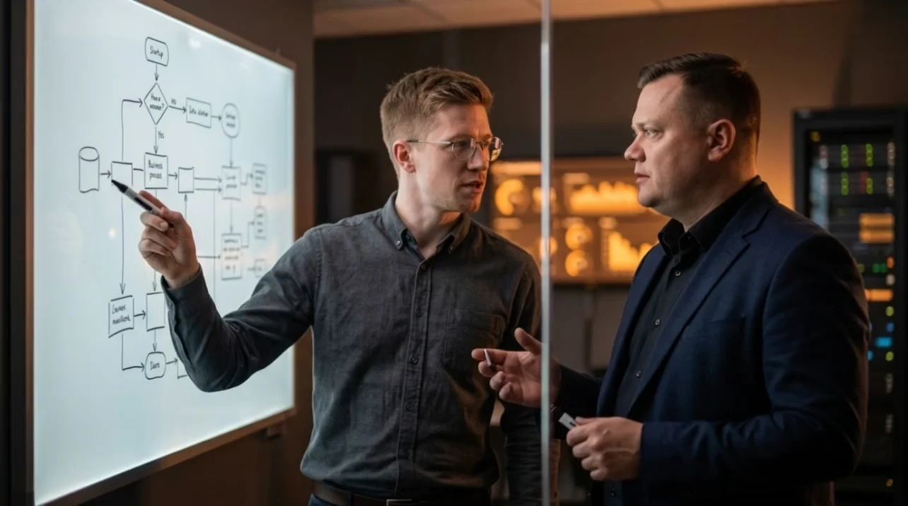 Антон и Алексей, инженеры Digital-Pro Tech, проектируют схему автоматизации бизнес-процесса на стеклянной доске
